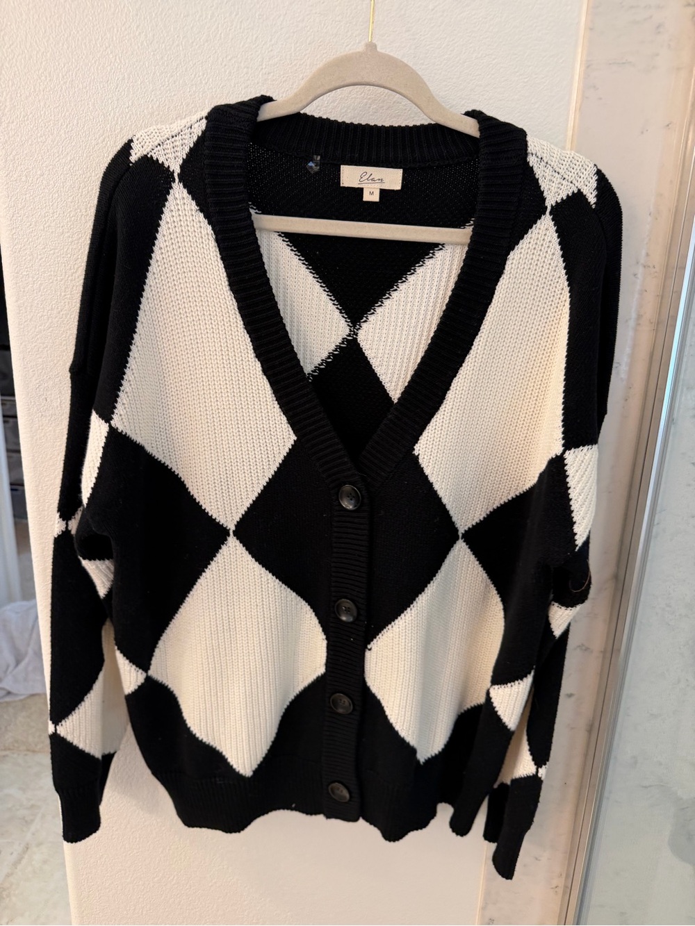Elan Black & White Diamond-Pattern Button Cardigan